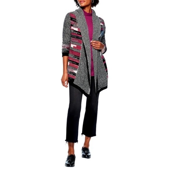 NWT Nic + Zoe Sweater Orchard Hooded Cardigan Black Maroon Multi Size Medium NEW - Picture 15 of 15